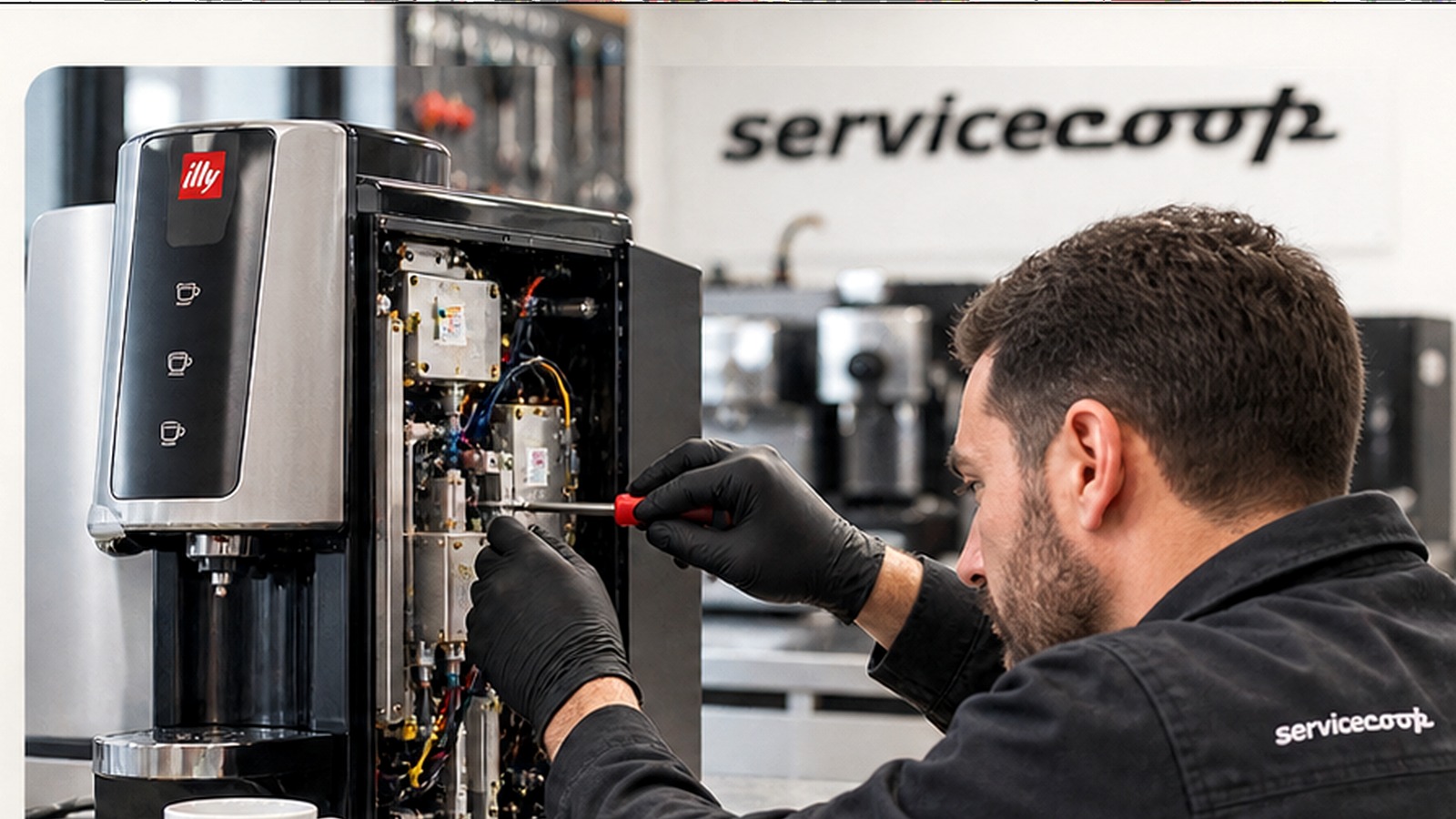Tecnico ServiceCoop durante la manutenzione di una macchina da caffè